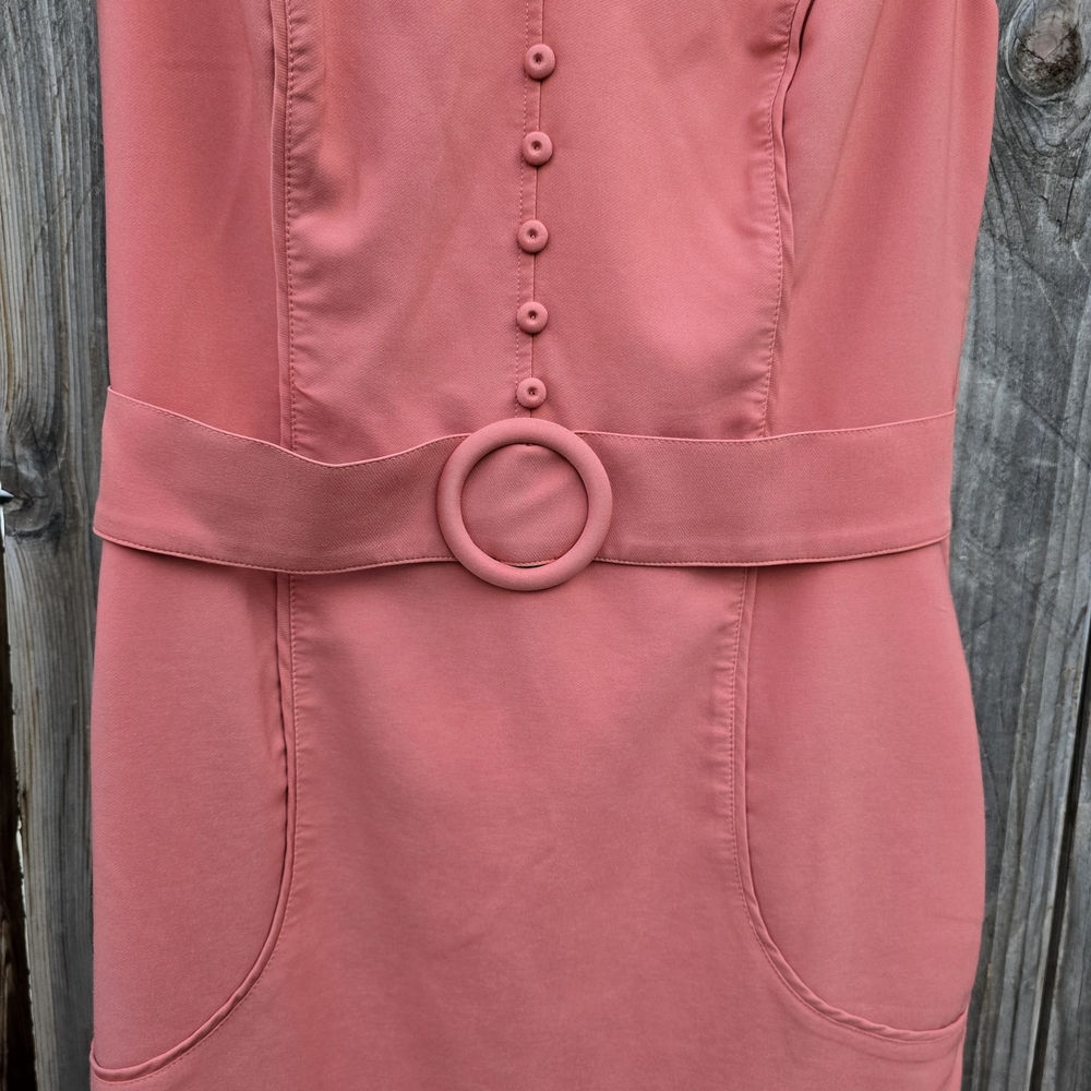 Sleeveless Coral Pink V Neck Belted Sheath Dress Size M - Picture 7 of 10